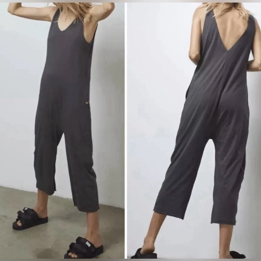 LUNYA Restore Supima Cotton V Neck Loungewear Cropped Wide Leg Jumpsuit Size M